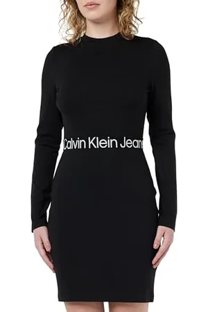 Calvin Klein Jeans Logo Elastic Milano LS Dress J20J222518 Vestiti Aderenti e Svasati, (CK Black), L Donna