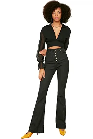 Trendyol Black Front Button High Waist Flare Jeans, 42 da Donna