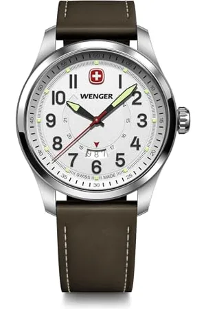 Wenger Orologio Uomo Terragraph Ø 43 mm, Swiss Made, Quarzo Analogico, Impermeabile fino a 100 m, Cinturino in Pelle, Bianco/Marrone, 01.0541.120