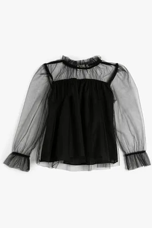 Koton Sheer Top Long Sleeve Stand-Up Neck Ruffled Lining, Camicetta