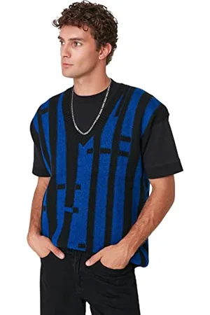 Trendyol Gilet Maglione Oversize a Righe con Scollo a V, , S Uomo