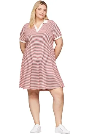 Tommy Hilfiger Abito a Polo Donna Curve Maniche Corte, Multicolore (Breton Fierce Red/Ecru), 50