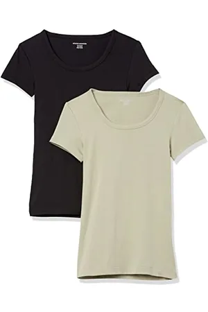 Amazon T-Shirt Aderente con Maniche Ad Aletta e Scollo Ampio Donna, Pacco da 2, , L