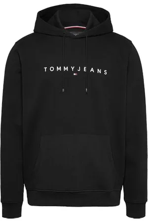 Tommy Hilfiger Uomo Felpa Linear Logo con Cappuccio, (Black), L