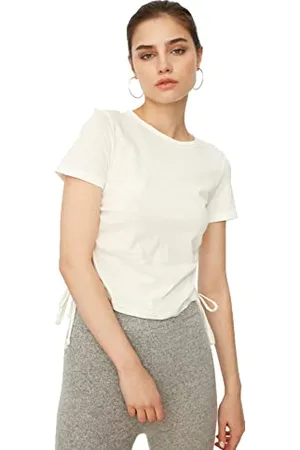 Trendyol Ekru Shirred Basic-Maglietta a Maglia T-Shirt, , S Donna