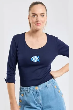 Armor.lux T-Shirt Poissons Manches 3/4 Et col Rond En Coton Léger Femme Maglione, , L Donna