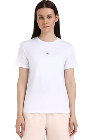 Calvin Klein Donna T-shirt Maniche Corte Woven Label Jersey Tee Regular Fit, Bianco , S