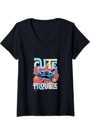 Disney Donna Lilo & Stitch Cute Trouble Big Stitch Face Distressed Maglietta con Collo a V