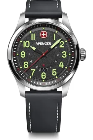 Wenger Orologio Uomo Terragraph Ø 43 mm, Swiss Made, Quarzo Analogico, Impermeabile fino a 100 m, Cinturino in Pelle, Nero, 01.0541.121