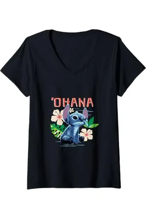 Disney Donna Lilo & Stitch Ohana Sitting Stitch Cute Logo Maglietta con Collo a V