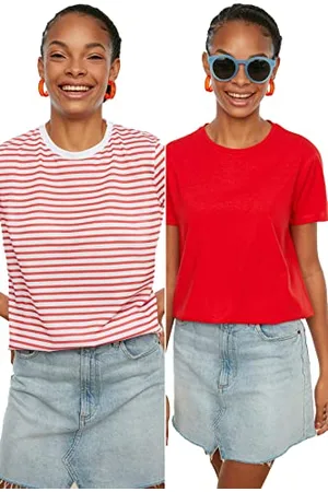 Trendyol Red Multi Color 100% Cotone Suprem Bike Collar 2 Pack Maglia T-Shirt, , XS Donna
