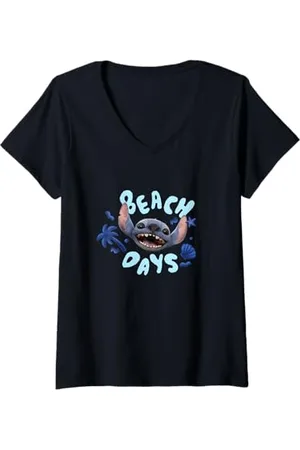 Disney Donna Lilo & Stitch Beach Days Big Stitch Face Logo Maglietta con Collo a V