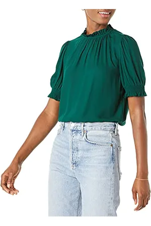 Amazon Blusa Chemisier Corta con Maniche A Sbuffo in Twill Fluido Donna, , XS