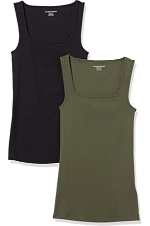 Amazon Canottiera con Scollo Quadrato vestibilità Aderente Donna, Pacco da 2, , L