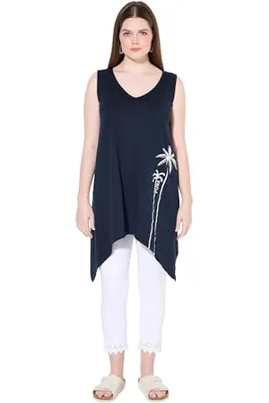 Ulla Popken Top, Zipfelsaum, V-Ausschnitt, Ärmellos, Biobaumwolle Punta con Stampa Palma, , 56/58 IT Donna
