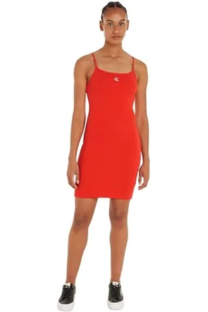 Calvin Klein Jeans Abito Donna Rib Dress Spalline strette, (Fiery Red), M