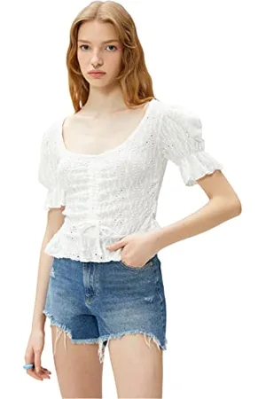 Koton T-Shirt Corta in brodo Arricciato con Maniche a Sbuffo, (010), S Donna