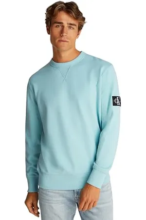 Calvin Klein Uomo Felpa Badge Crew Neck in Cotone, Blu (Fresh Mint), XS