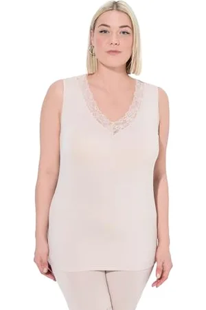 Ulla Popken Unterhemd, Spitze, V-Ausschnitt, Bambusviskose Canottiera Intima in Pizzo di bambù, Beige, 60/62 IT Donna
