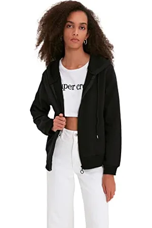Trendyol Black Zipper Basic Knitted-Felpa con Cappuccio, , XS Donna