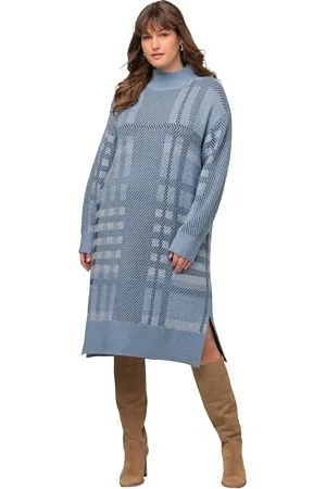 Ulla Popken Vestito Lavorato a Maglia, Collo Alto, a Quadri Abiti, , 52-54 Donna