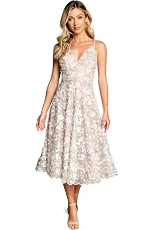 Dress The Population Abito Midi Svasato Senza Maniche con Scollo Profondo Vestito, Bianco/Oro, S Donna