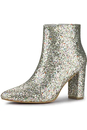Allegra K Donna Stivali Glitterati Punta Tacco Blocco Caviglia Stivaletti Chiusura con Cerniera Argento 38.5