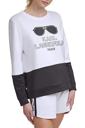 Karl Lagerfeld Paris Womens Long Sleeve Graphic Crewneck Sweatshirt, White/Black, Large US