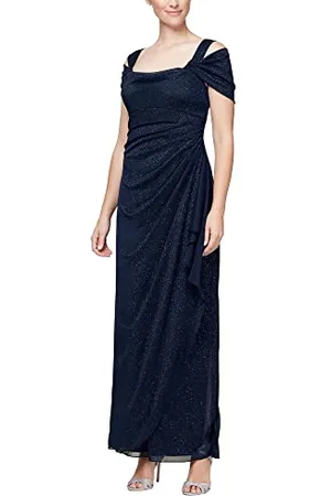 Alex Evenings Long Cold Shoulder Dress (Petite And Regular Sizes) Vestito per Occasioni Speciali, Glitter Blu Scuro, 50 Donna
