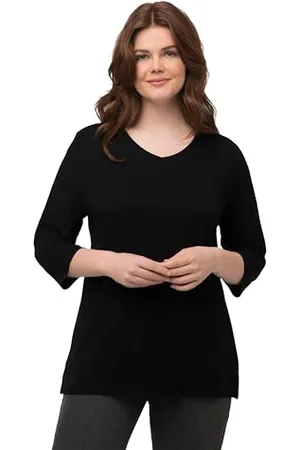 Ulla Popken Shirt, Rippjersey, V-Ausschnitt, 3/4-arm, Biobaumwolle Maglia a Costine, Scollo a V, Maniche a 3/4, Cotone Biologico, , 56/58 IT Donna