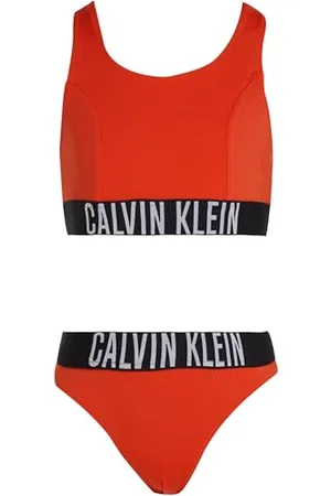 Calvin Klein Bambina Bikini Bralette Set con Fascia con Logo, Rosso (Flaming Chili), 14-16 Anni
