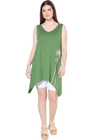 Ulla Popken Top, Zipfelsaum, V-Ausschnitt, Ärmellos, Biobaumwolle Punta con Stampa Palma, , 52/54 IT Donna
