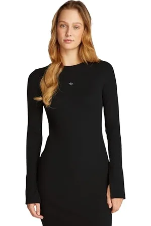 Calvin Klein Donna Abito Woven Label Rib Short Dress Maniche Lunghe, Nero , XS