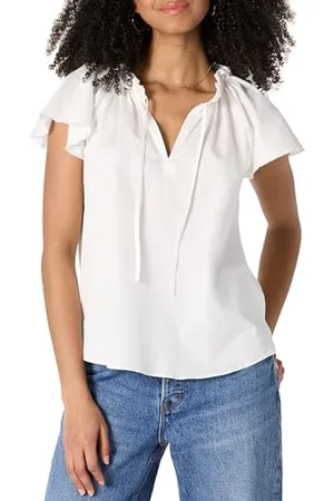 Amazon Blusa con Maniche Svolazzanti in Raso di Cotone vestibilità Comoda Donna, , XL