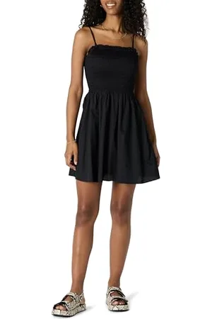 Amazon Abito Corto Corpetto Ricamato a Punto Smock in Raso di Cotone Fit Classico Donna, , S