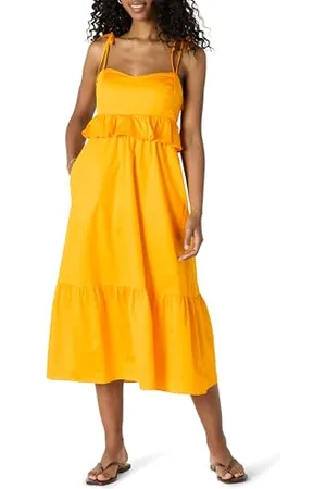 Amazon Abito Midi in Raso di Cotone con Volant Vita Impero Fit Classico Donna, , M