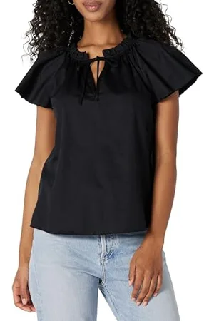 Amazon Blusa con Maniche Svolazzanti in Raso di Cotone vestibilità Comoda Donna, , XXL