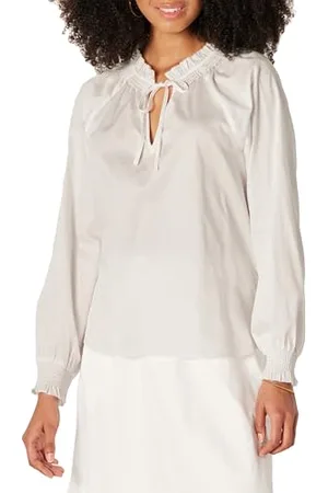 Amazon Blusa a Maniche Lunghe con Collo Arricciato in Raso di Cotone vestibilità Comoda (Gonna Venduta Separatamente) Donna, , S