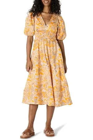 Amazon Abito Midi Regular Fit in Raso di Cotone con Maniche A Sbuffo Donna, , XL