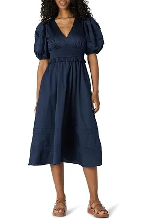Amazon Abito Midi Regular Fit in Raso di Cotone con Maniche A Sbuffo Donna, , L
