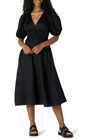 Amazon Abito Midi Regular Fit in Raso di Cotone con Maniche A Sbuffo Donna, , S