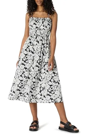 Amazon Abito Midi Corpetto Ricamato a Punto Smock in Raso di Cotone Fit Classico Donna, , L