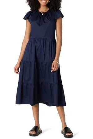 Amazon Abito Midi Girocollo in Raso di Cotone a Balze vestibilità Comoda Donna, , XL