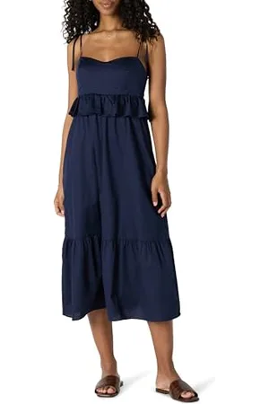 Amazon Abito Midi in Raso di Cotone con Volant Vita Impero Fit Classico Donna, , XL