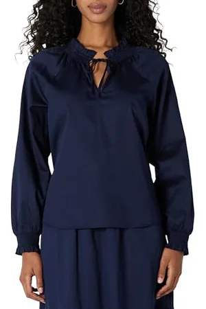 Amazon Blusa a Maniche Lunghe con Collo Arricciato in Raso di Cotone vestibilità Comoda (Gonna Venduta Separatamente) Donna, , XXL