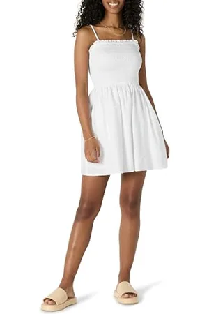 Amazon Abito Corto Corpetto Ricamato a Punto Smock in Raso di Cotone Fit Classico Donna, , XXL