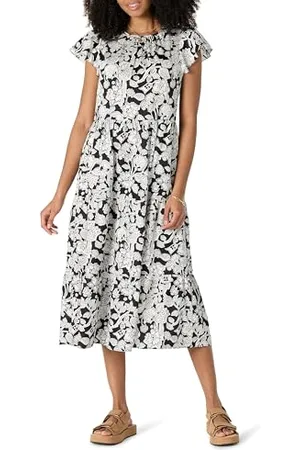 Amazon Abito Midi Girocollo in Raso di Cotone a Balze vestibilità Comoda Donna, , XXS