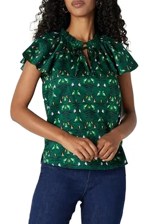 Amazon Blusa con Maniche Svolazzanti in Raso di Cotone vestibilità Comoda Donna, , L