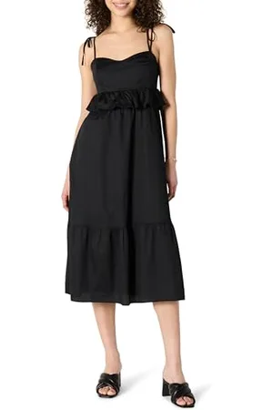 Amazon Abito Midi in Raso di Cotone con Volant Vita Impero Fit Classico Donna, , XS
