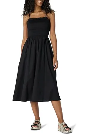 Amazon Abito Midi Corpetto Ricamato a Punto Smock in Raso di Cotone Fit Classico Donna, , L